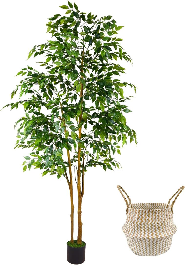 Artificial Ficus Tree, 7ft Silk Fake Ficus Leaves Plant with Basket, Indoor Outdoor Faux Green Tree for Home Garden Office House Livingroom Dcor