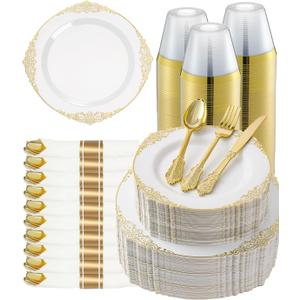 Goodluck 350 Piece Gold Plastic Dinnerware Set for 50 Guests, Fancy Disposable Plates, Include: 100 Gold Rim Plastic Plates, 150 Silverwares, 50 Pre Rolled Napkins, 50 Cups for Party, Wedding