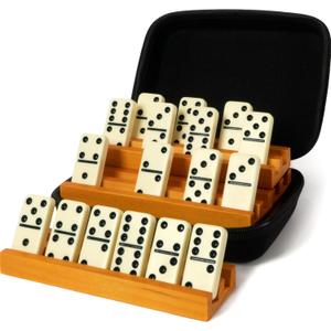 Queensell Dominos Set for Adults with 4 Domino Racks - Double 6 Dominoes Set with Domino Holder, Classic Board Games for Kids and Adults - Double Six Standard Dominos Set 28 Tiles with Travel Case
