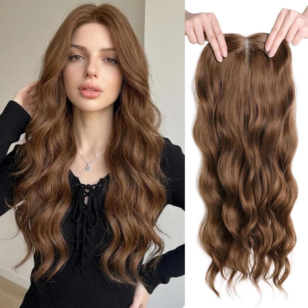Hair Toppers for Women Thinning Hairs 24 Inch Long Layered Topper Curly Synthetic Wiglets Pieces Lace Hand-Tied Hairline Synthetic Heat Resistant Clip on Hair Topper for Women Copper Brown