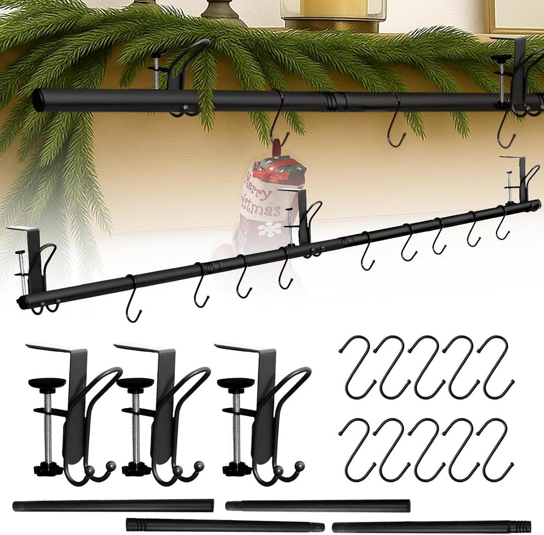 Hoolerry 17 Pcs 3 in 1 Christmas Stocking Garland Hanger for Mantle Fireplace Mantel Garland Hangers with Adjustable Tension Rods Hooks for Xmas Holiday Stocking Wreath Hanging Ornament (Large,Black)