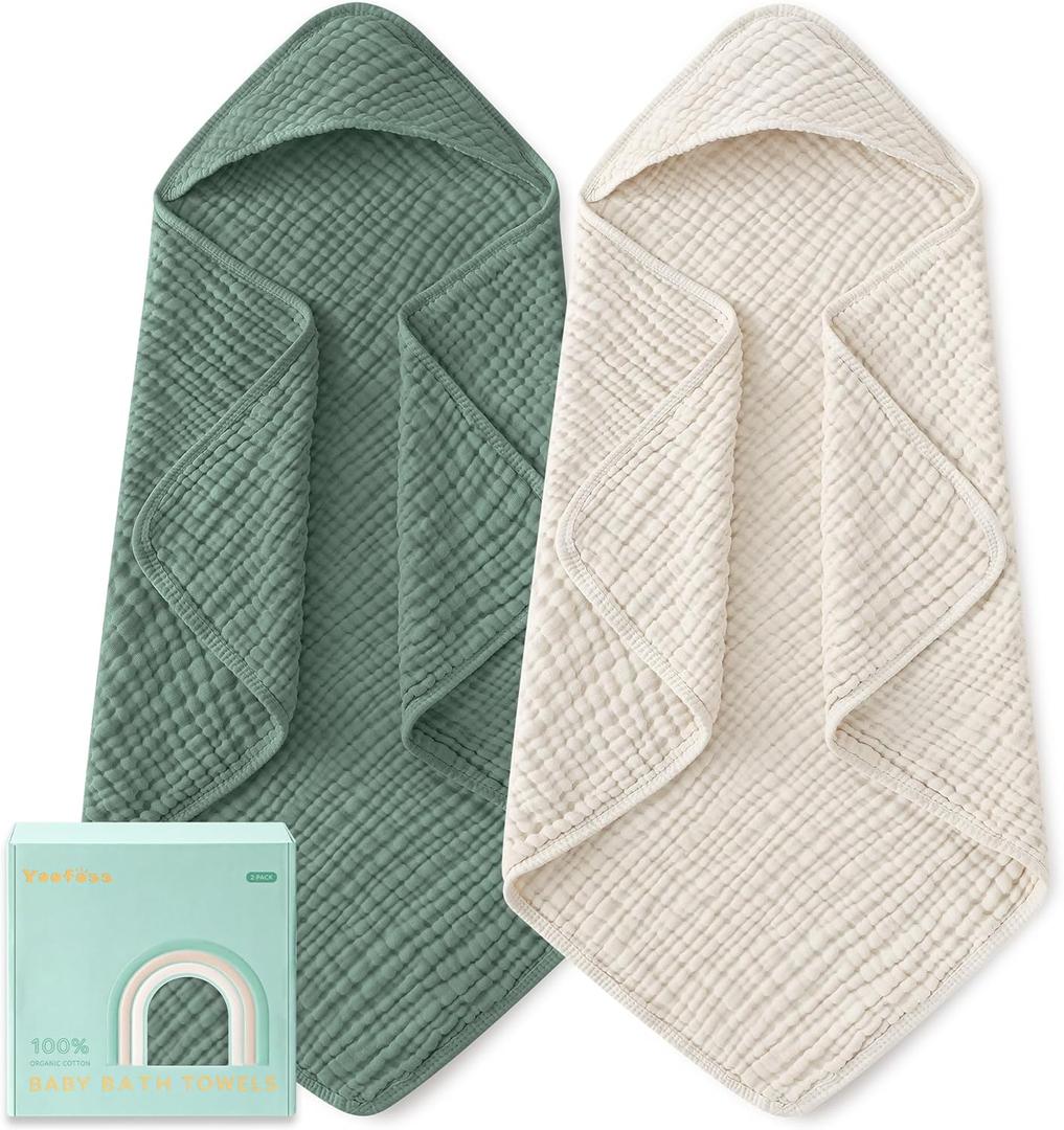 Yoofoss Hooded Baby Towels for Newborn 2 Pack 100% Muslin Organic Cotton Baby Bath Towel with Hood for Babies, Infant, Toddler and Kids, Large 32x32Inch, Soft and Absorbent Newborn Essential (Apricot&dark Green)