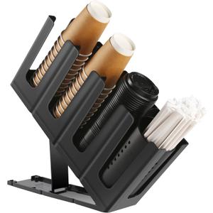 Paper Cup and Lid Holder with Straw Organizer, Disposable Coffee Cup Dispenser for Countertop Coffee Station Bar Restaurant Breakroom, Black