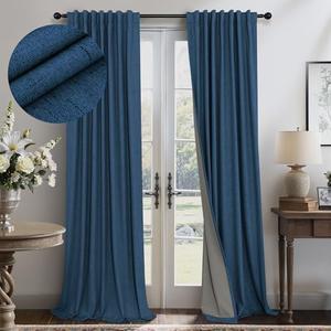 Navy Blue Linen Textured Curtains 90 Inches Long 1 Panels Set Modern Neutral Nursery Blackout Curtains for Kids Bedroom Black Out Thermal Drapes for Summer Heat Noise Reducing Back Tab 52x90 Length