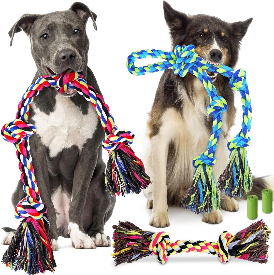 Tough & Strong Dog Toy for Aggressive Chewers  Tough Chew Toys for Large Dogs, Ideal for Tug-of-War & Teeth Cleaning, with 3 Rope Toys & 2 Dog Bags (Regular color)