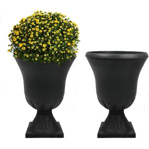 Worth Garden 2-Pack Plastic Urn Planters for Outdoor Plants, 22'' Black Tall Round Classic Resin Traditional Flower Pots - 15 in. Dia. Large Imitation Stone Decorative Pot Patio Deck Front Porch