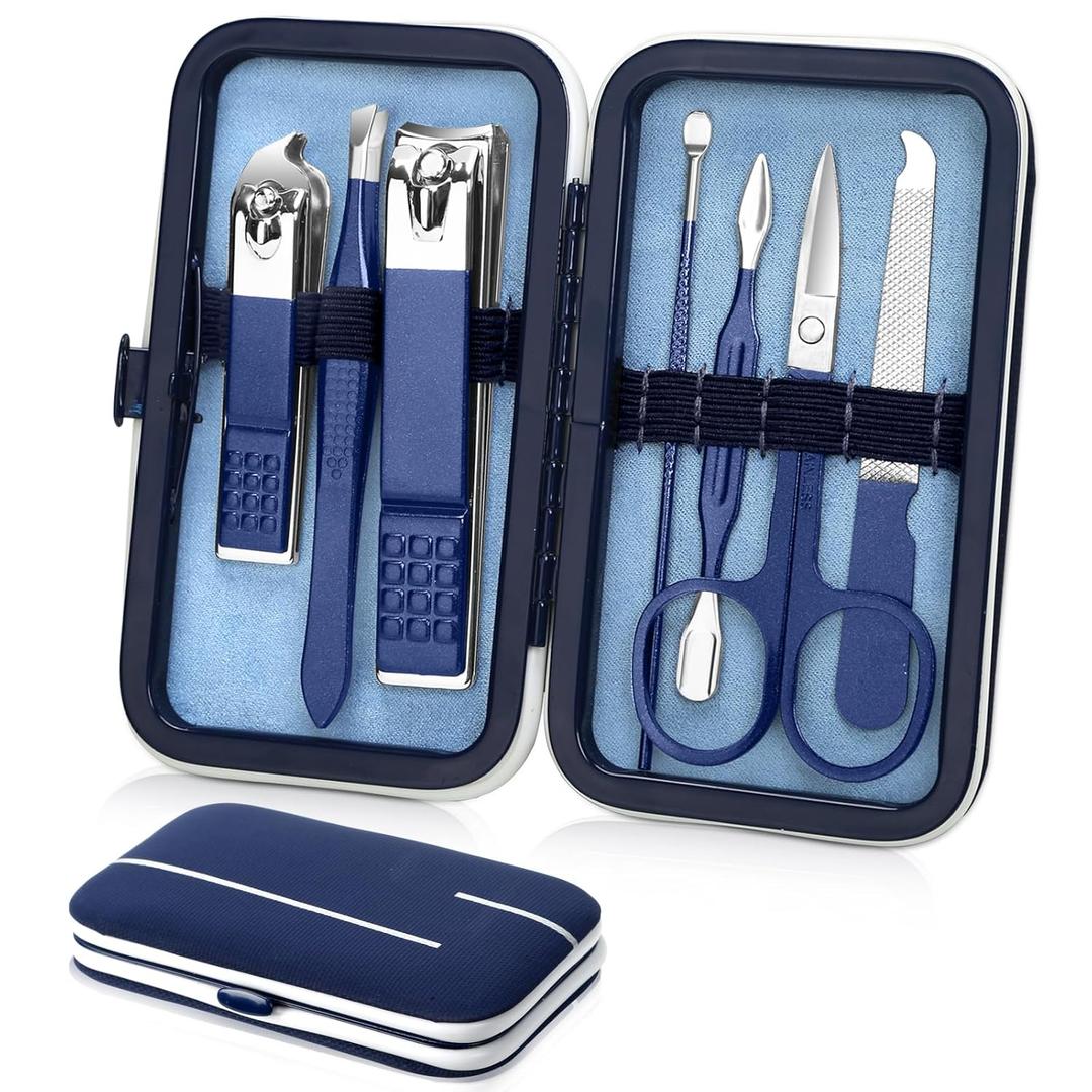 Aceoce Travel Manicure Set Mens Grooming Kit Stainless Steel Nail Clippers Nail Care Tool with Luxurious Travel Case Manicure Pedicure Set Professional Personal Care Gift for Men Family Friends (Blue)