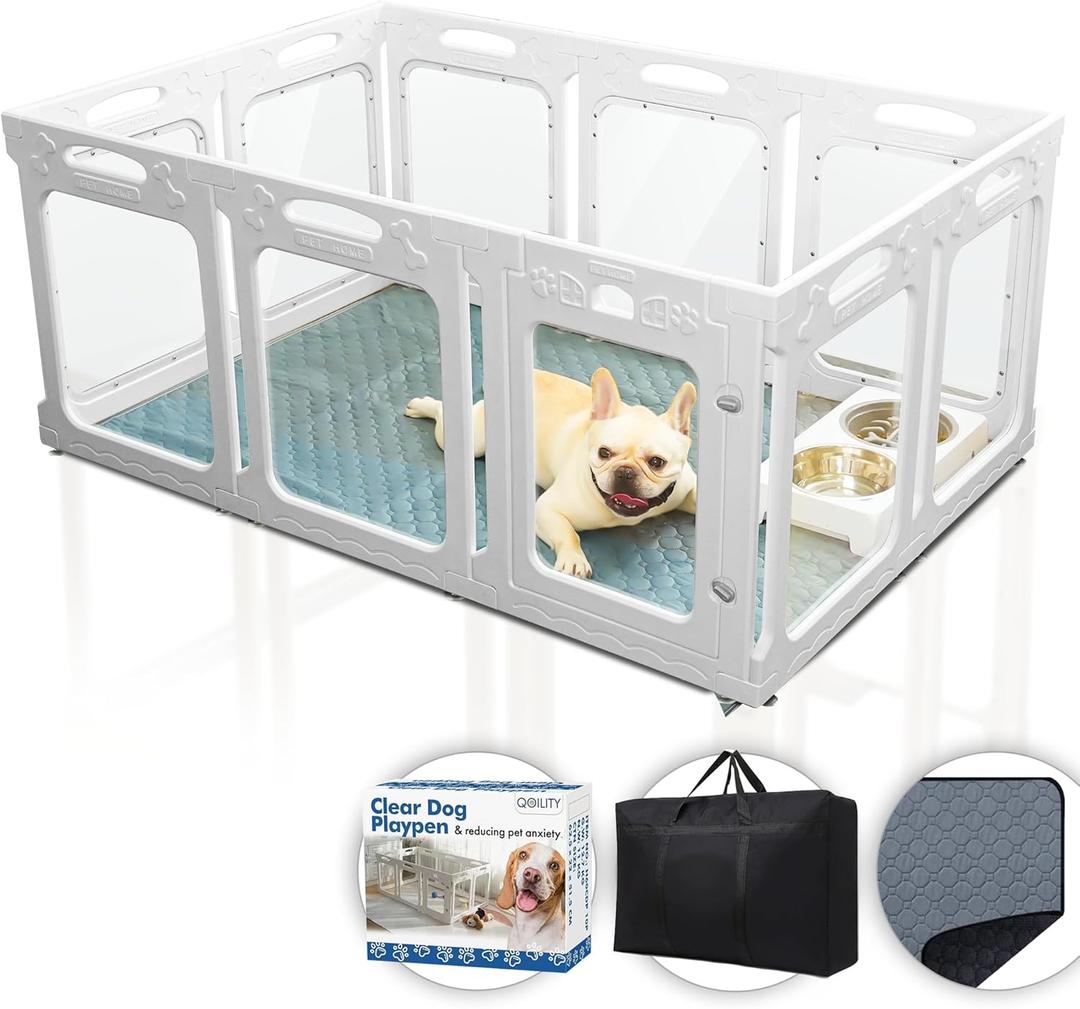 Clear Dog Playpen with Door - Height 24 Inch, 10 Panels - Reduces Indoor Puppy/Small Dog Anxiety, White