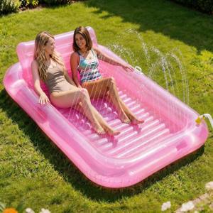 Inflatable Tanning Pool Lounger Float with Sprinkler, Pool Float Adult with Pillow & Cup Holder, Sunbathing Blow Up Tanning Bed, Suntan Tub Raft Floatie for Backyard Summer Water Party Extra-Large