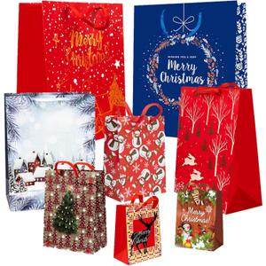 Cherubfunz 24 PCS Christmas Gift Bags Bulk Set with Snowman, Snowflake, Christmas Bell/Tree/Gin Pattern Design, Festival Bags for Wrapping Holiday Gifts  6 X-Large, 6 Large, 6 Medium, 6 Small (24 Count (Pack of 1))