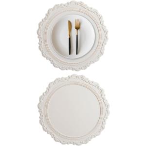 2Pcs Round Silicone Placemats and Coasters Set, Heat Resistant Waterproof Dish Mats for Dining Table, Easy Wipe Off for Kitchen Counter, Cup Holder Coasters for Drink Spills (Off-White)