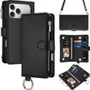 Vofolen for iPhone 17 Pro Case Wallet with Card Holder RFID Blocking Crossbody Strap Leather Flip Heavy Duty Drop Protective with Magnetic Clasp Zipper Pocket Metal Ring Wrist Strap Phone Case-Black