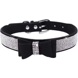 Bow Tie Puppy Dog Collar with Rhinestone, Bling Crystal Pretty Diamond Jewel Girls Cat Collars for XXS XS Small Medium Large Breed Pet Dogs Female Kitten, Black S