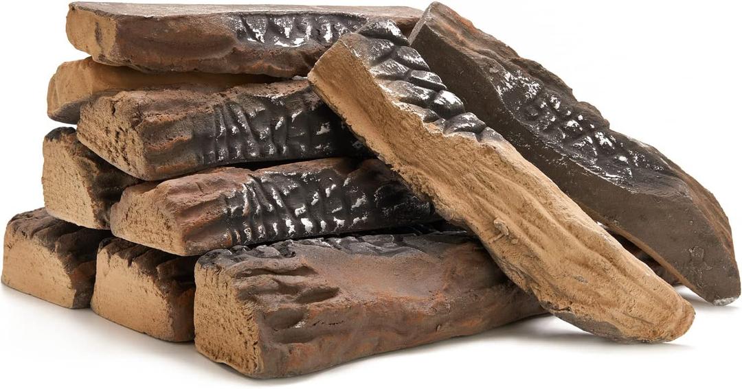 Gas Log for Fireplace, 10 Peice Realistic Ceramic Wood Logs for Fire Pit, Reusable Fake Fire Logs for Ventless, Gas or Propane Inserts (10 Pack-Large-Natural)