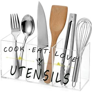 Acrylic Large Cutlery Storage Organizer Bin with 3 Compartments, Silverware Caddy Knife Spoon and Fork Holder Kitchen Utensils Holder for Cabinet Indoor Flatware Dining Room(Transparent)