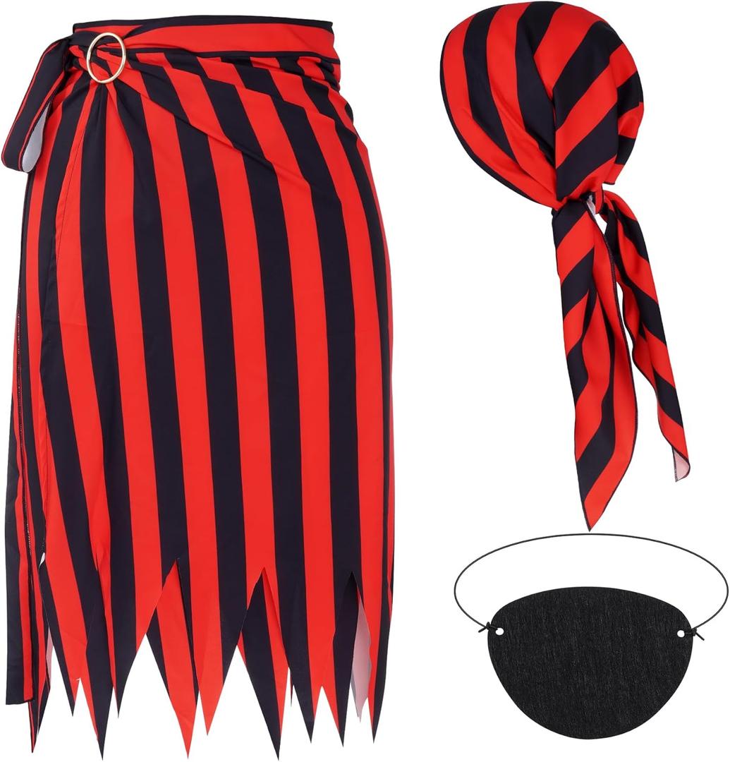 Phnydreg Pirate Costume for Women - Renaissance Outfit With Striped Skirt, Headscarf, Hat, and Eye Patch