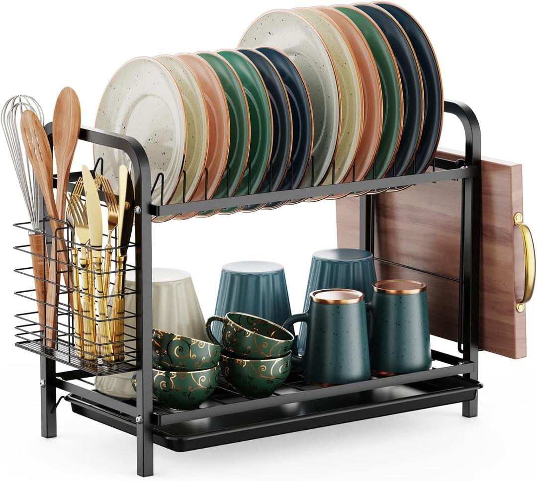 GSlife Dish Drying Rack, 2 Tier Rust-Resistant Dish Rack with Drainboard Compact Dish Drainer with Utensil Holder, Cutting Board Holder for Kitchen Counter, Black