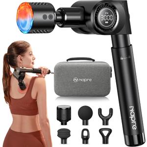 NAPRE Massage Gun with Heat and Cold Head,Deep Tissue Handheld Percussion Back Massager for Muscle/Neck/Body Pain Relief with Long Extension Retractable Handle,32-Speeds,Foldable,5 Adjustable Angles, Black-heat and Cold