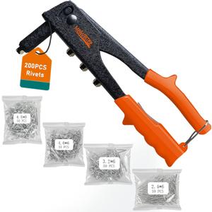 Rivet Gun,Professional Pop Rivet Gun Kit with 200Pcs Rivets, 3/32"-1/8"-5/32"-3/16", Heavy Hand Riveter kit Suitable for Metal Work, Gutter, Automotive and Other Common DIY Projects