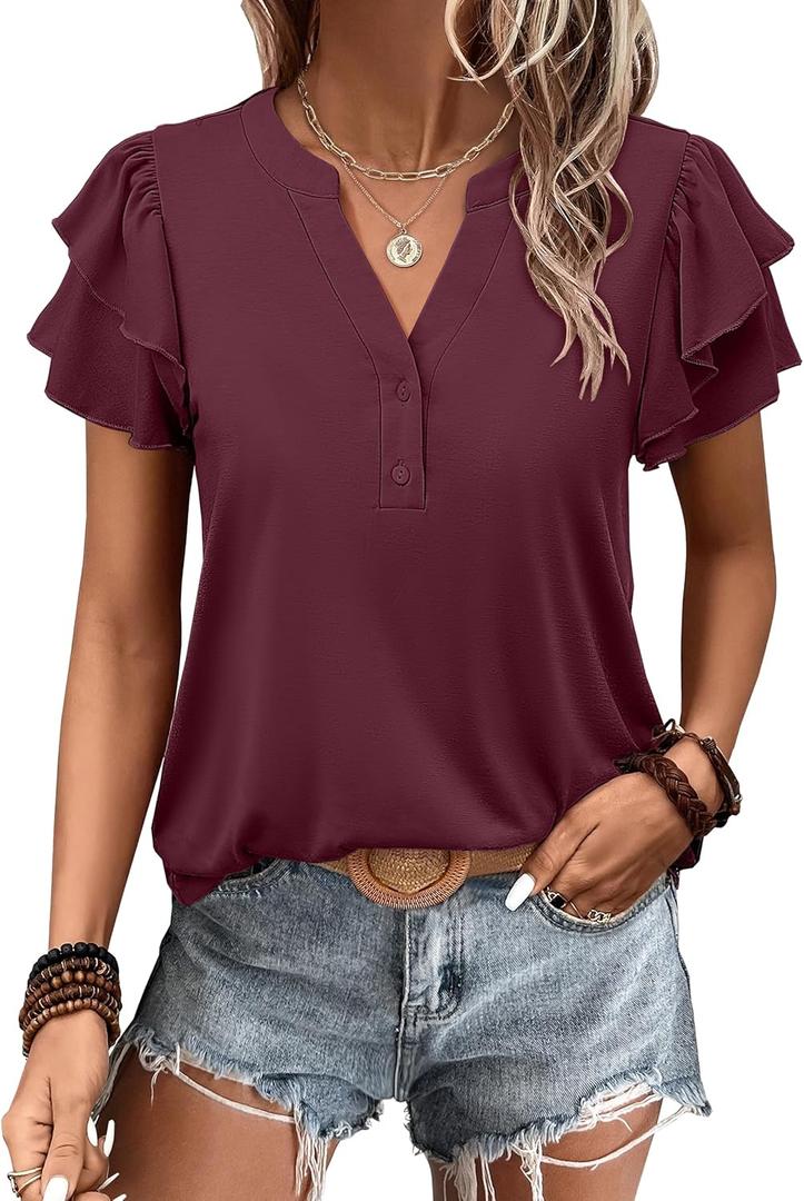 ANRABESS Womens Tops Dressy Casual Ruffle Short Sleeve V Neck Blouses Summer Button Down Business Work Elegant Shirts (Size Small, Burgundy)