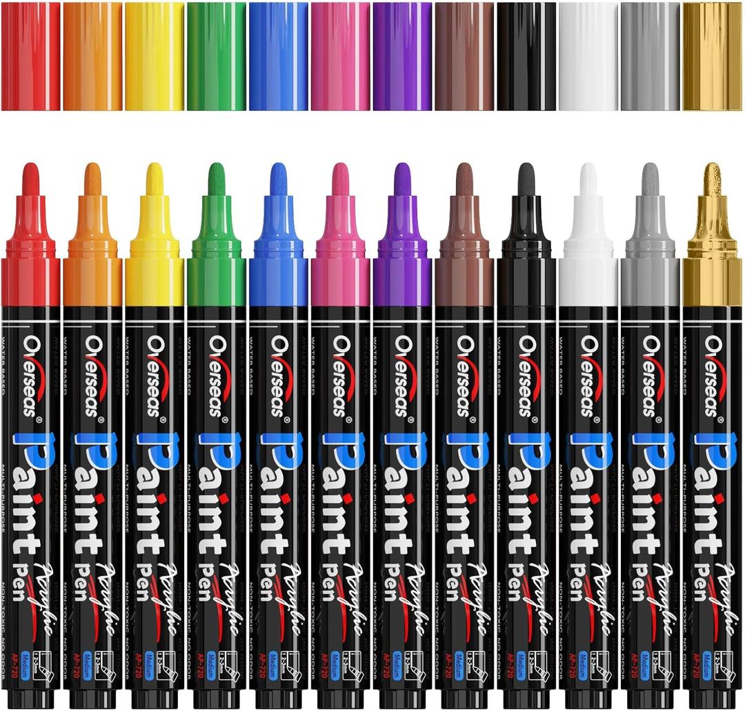 Overseas Acrylic Paint Marker Pens - 12 Colors Permanent Markers, Medium Tip, Water Based, Quick Dry, Waterproof Paint Pen Set for Rock, Wood, Plastic, Metal, Canvas, Glass, Fabric, Mug, Stone