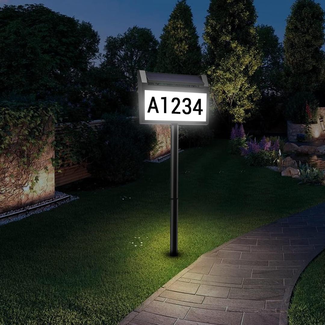 Solar House Number Sign, deerdance LED Illuminated Outdoor Address Plaque with Smart Control, 3-Color in 1 Waterproof Solar Powered House Number Light with Stakes for Outside Home, Yard, Street, House