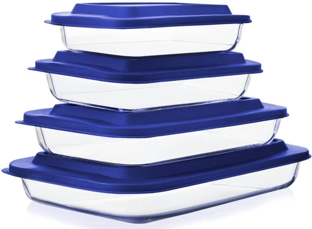 8-Piece Glass Baking Dish Set with Plastic lids, Rectangular Glass Bakeware Set with Lids, Baking Pans for Lasagna, Leftovers, Cooking, Kitchen, Freezer-to-Oven and Dishwasher, Blue