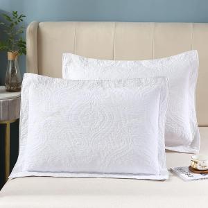 WINLIFE American Style Quilted Embroidered Solid Color Pillow Cases King Size 100% Cotton Boho Chic Printed Pillow Shams Set of 2 (20''x 36'', Damask, White)