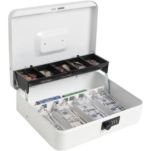 Cash Box with Money Tray and Combination Lock, Parrency Large Money Box, 5 Compartments for Coins & 4 Spring-Loaded Clips for Bills, 11 4/5" x 9 2/5" x 3 1/2", White