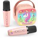 Unicorn Karaoke Microphone Machine Toys: Colorful LED Portable Bluetooth Speaker with 2 Wireless Mics Toys for 4 5 6 7 8 9 Years Old Girls Kids Christmas Birthday Gifts Stocking Stuffers for Grandkids