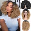 Quantum Love V part Curly Wigs Afro Curly Twist Out African American Wig for Black Women Afro Bomb Kinky Curly Synthetic Glueless Ombre Blonde Wig 16 Inches