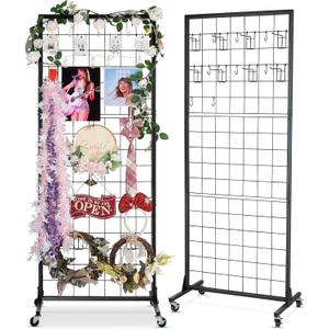 Gridwall Panel Display Stand Rack- Heavy-Duty Movable Wire Gridwall Display Racks with Wheels and Feet, Floorstanding and Wall Mount Double Side Display Stand (Black) (Black, 2 pcs)