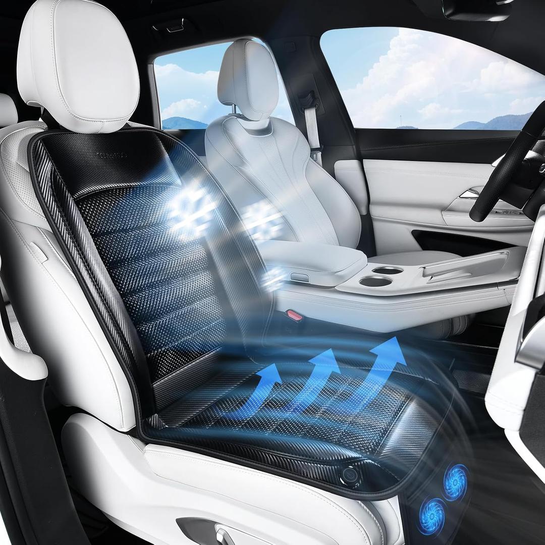 Coverado Cooling Car Seat Cover, 12V-24V Ventilated Driver Seat Cushion with 2 Turbo Fans & 3 Speed Wind, Carbon Fiber Fabric Cooled Seat Cover for Car, Universal Fit for Most Cars, Black