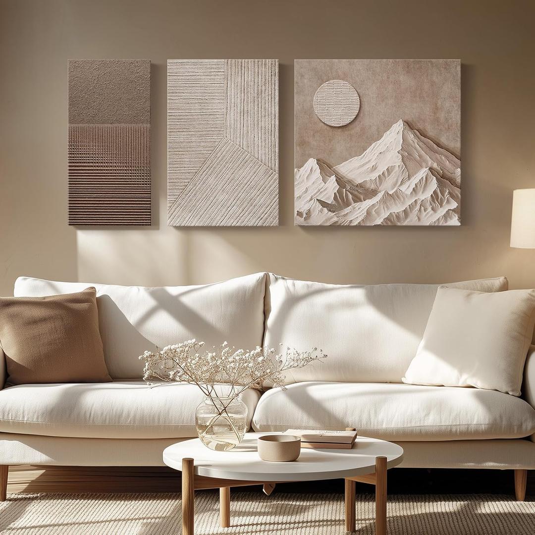 Large Abstract Neutral Wall Art 3 Piece, Brown Mountain Nature Landscape Canvas Art Prints, Wabi Sabi Art Geometric Line Painting for Living Room, Bedroom, Hallway, Office