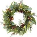 Pre Lit Christmas Wreath for Front Door Green Wreath Decorated with Pine Cones,Berry Clusters, Abundant Fit Branches 18 Lighted Christmas Wreaths for Windows Winter Wreath Hanging Wall Decor (18" Battery Powered)