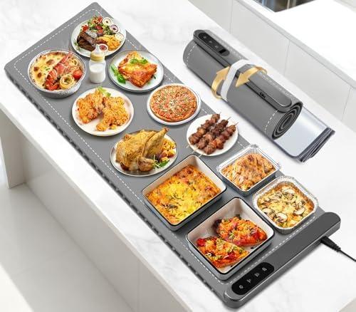 Food Warming Mat Large, XXL (42"x15") Electric Food Warmers Mat with Heat Resistant Pad for Countertop, Heat 6 Level Temperature & 6 Hours Timer, Foldable Heating Trays for Buffets Party, Gray