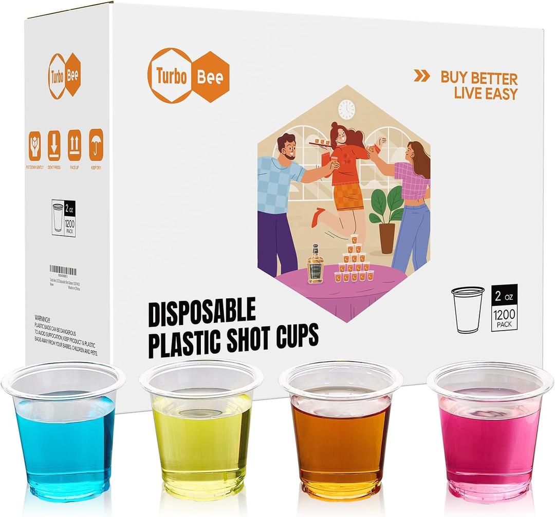 Turbo Bee 1200 pack 2 OZ Disposable Plastic Shot Glasses, Mini Shot Cups for Party, Events, Whiskey and Wine Tasting