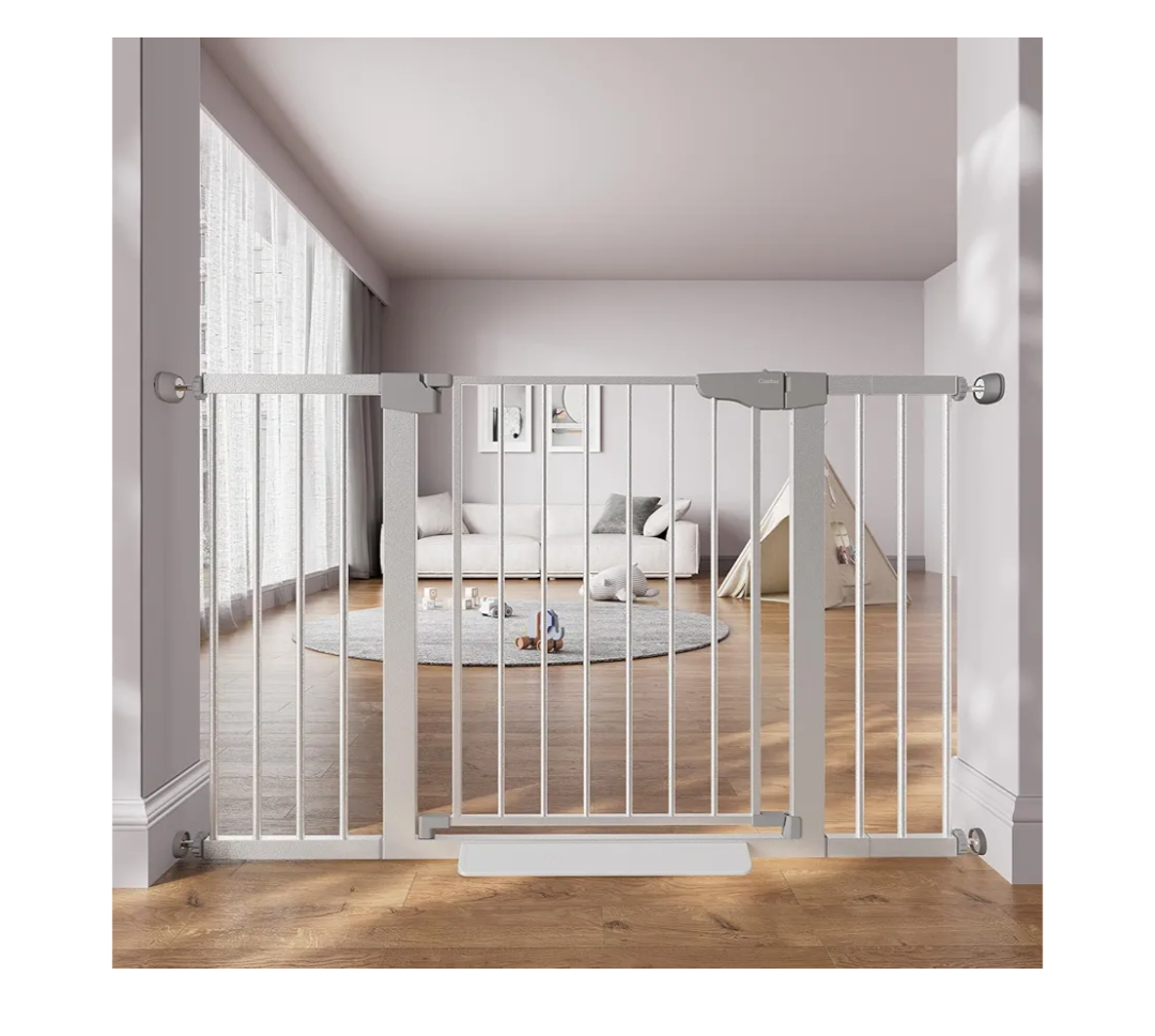 Cumbor 29.7–51.5" Extra Wide Baby Gate for Stairs, Pressure-Mounted Dog Gates for Doorways & Hallways, Auto-Close Walk-Through, No-Trip Design, Child Proof Safety, Dog/Pet Gate for Indoor Use, Silver