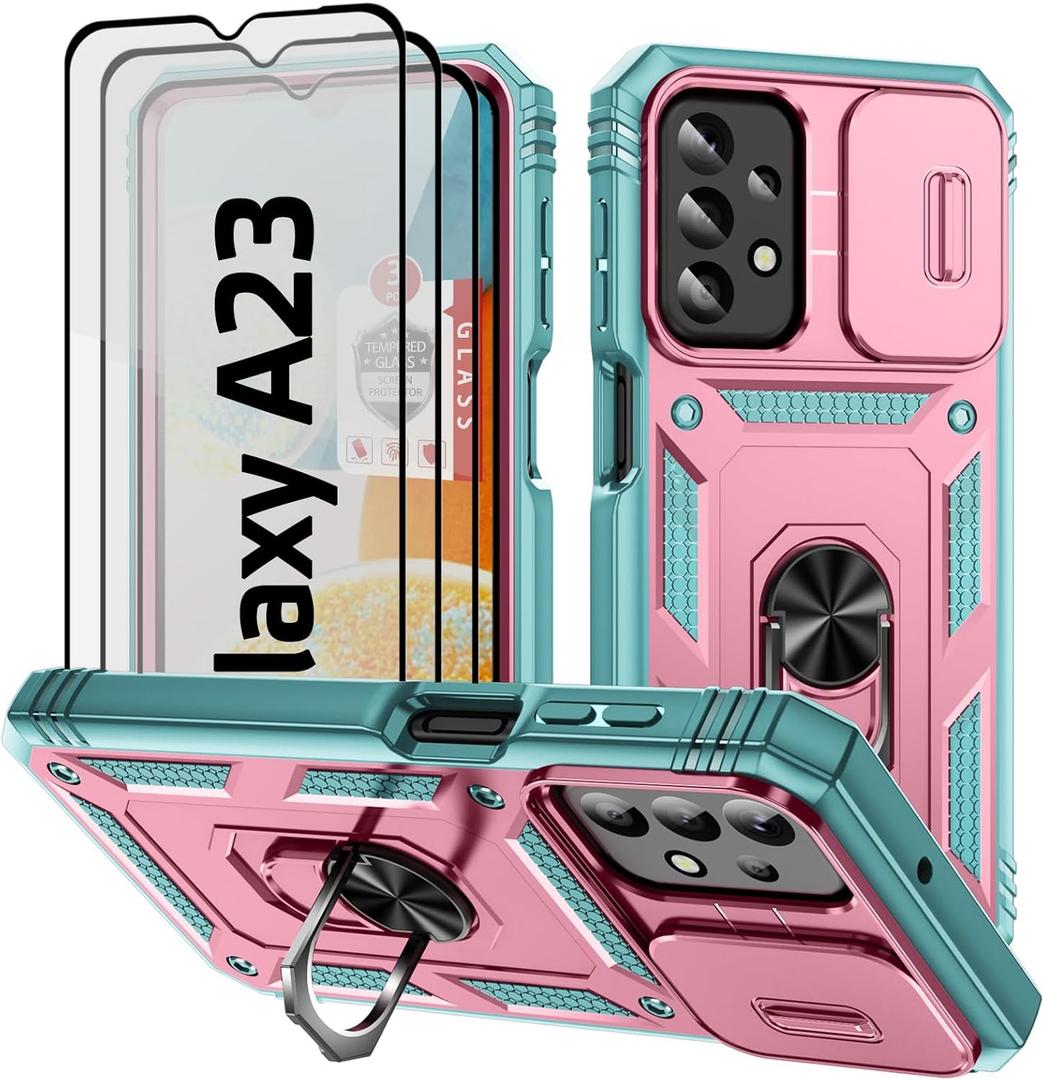 ANOUKE Compatible with Galaxy A23-4G/5G Case,with 3 Pcs Tempered Glass Screen Protector Built in Ring Stand Kickstand + Camera Cover, Hard PC Soft TPU Defender Full Body Protective Case- Pink/Green