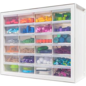 IRIS USA Plastic Storage Drawers, Made in USA, 24-Drawer Small Parts Organizer Cabinet, Stackable Teacher Toolbox for Crafts, Beads, Hardware, Screws, Nuts & Bolts, Scrapbook Supplies White