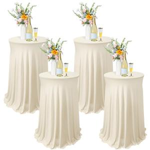 Tegeme 2 Packs Round Spandex Cocktail Tablecloths with Skirt 32 x 43 Inch Cocktail Round Table Cover Spandex Stretch Square Tablecloth Skirt for Table Bar Wedding Party Banquet (Beige)