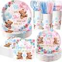 Pickmesh 400 Pcs Bear Gender Reveal Party Supplies Decorations Include Pink Blue Gender Reveal Party Disposable Paper Plates Napkins Cups Cutlery for Men Women Decorations Serve 50