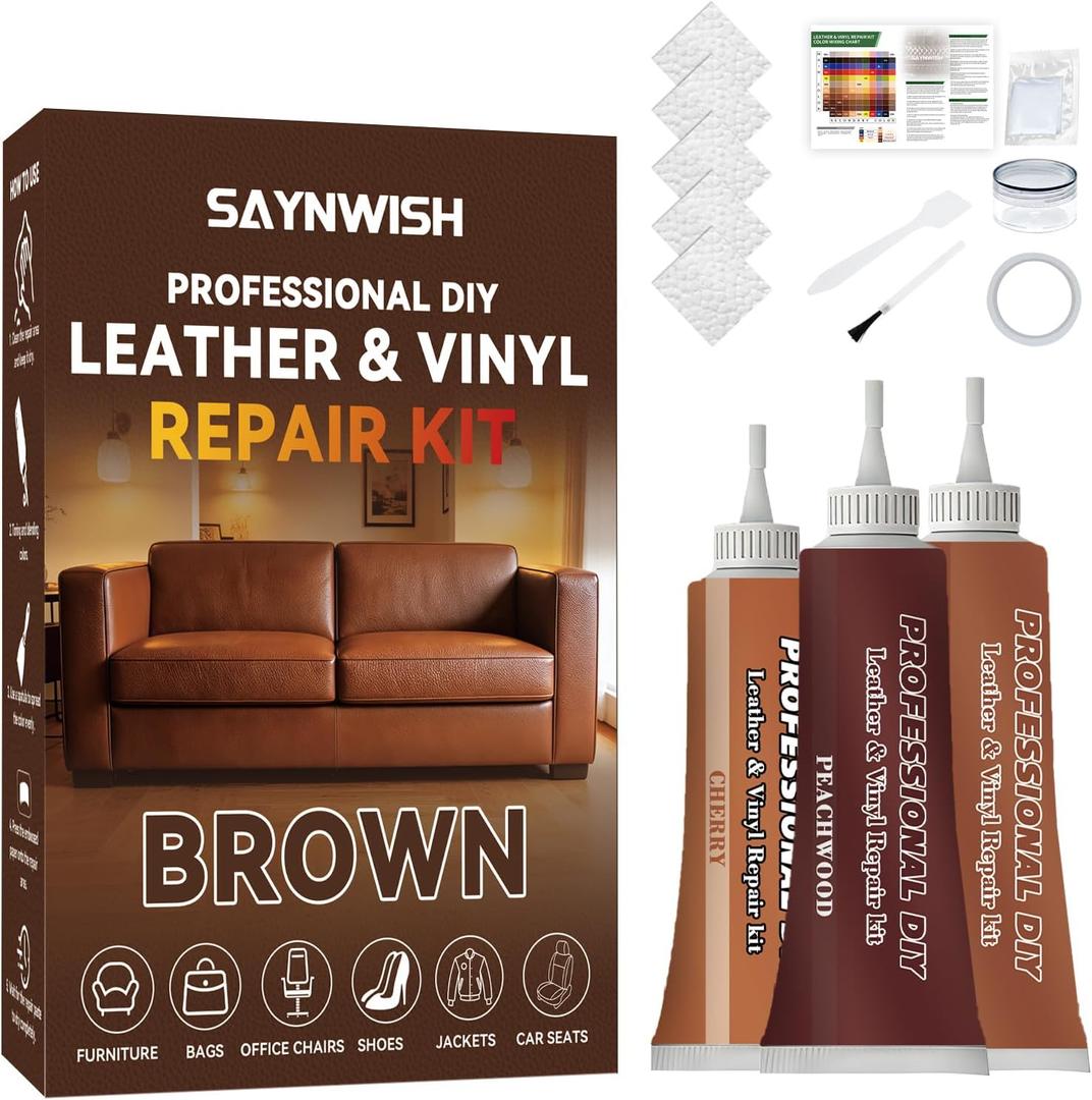 Leather Repair Kit - Restores Faux,Vinyl,Artificial and Real Leather,Sofa,Jacket,Car Seats and Purse.Professional Results,Repairs Burn Holes,Scratches,Tears (Brown)