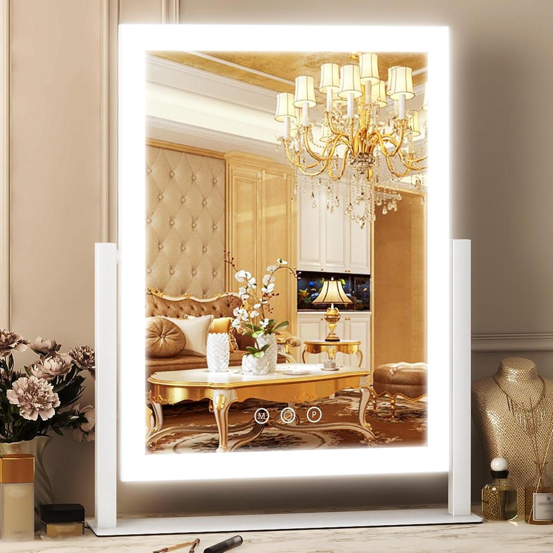 FENNIO Vanity Mirror with Lights - 17"x13" Lighted Makeup Mirror, Makeup Mirror with Lights, Touch Screen with 3-Color Lighting, Dimmable,Desk Mirror with Light for Vanity Tabletop (White)