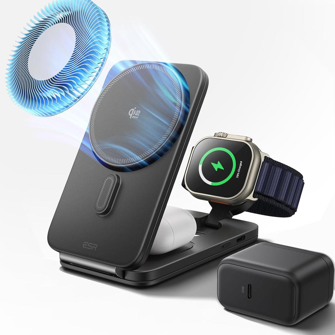ESR 3 in 1 Charging Station for Apple, Qi2.2 25W MagSafe Charger with CryoBoost, PhoneCooling Wireless Charging Station, Foldable, for iPhone 17/16 with iOS 26, AirPods, Apple Watch, Frosted Graphite