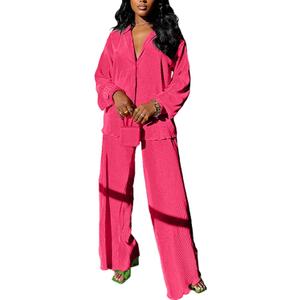 kaimimei Casual 2 Piece Outfit for Women - Linen Long Sleeve Button Down Shirt + Flare Pleated Wide Leg Pants Sets Streetwear (Large, Dark Pink)