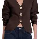 Daacee Cropped Cardigan Sweaters for Women V Neck Long Sleeve Gold Button Down Knit Cardigans Tops Outwear (X-Large, Coffee)