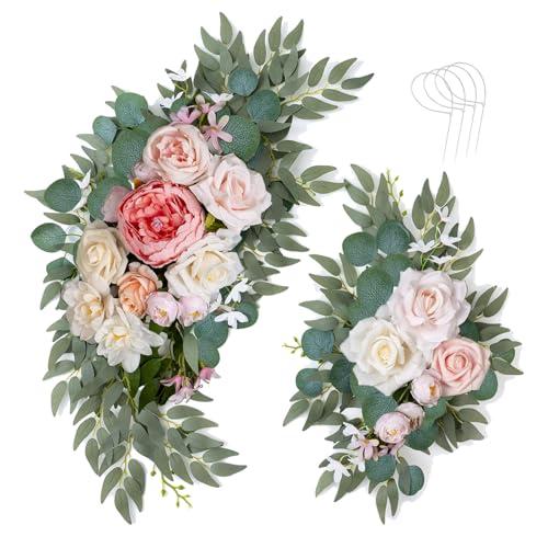 AitnWoy Artificial Wedding Arch Flowers Kit 2 PCS Dust Rose Flowers Silk Peony Floral Swag Welcome Sign for Wedding Ceremony Party Home Garland Decor (Pink)