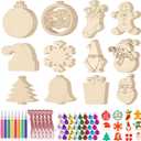 Virgooer 60pcs DIY Wooden Christmas Ornaments Unfinished 12 Styles Christmas Crafts for Kids, Wood Kit for Crafts with 8 Coloured Pen and 60 Jingle Bell