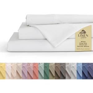 Linen Home 100% Cotton Percale Sheets King Size, White, Deep Pocket, 4 Pieces Set - 1 Flat, 1 Deep Pocket Fitted Sheet and 2 Pillowcases, Crisp Cool and Strong Bed Linen